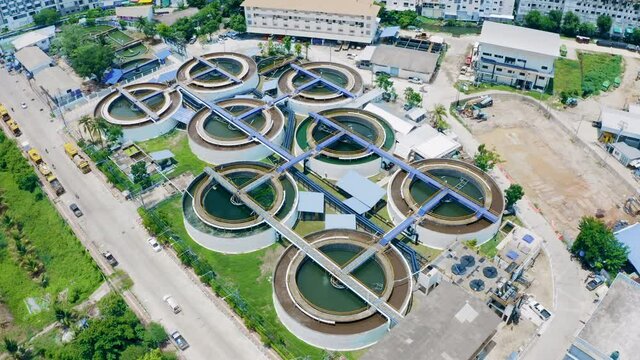 4K Aerial drone top down view clarifier sedimentation tank. Aerial view Water treatment plant. Top view of recirculation solid contact clarifier sedimentation tank