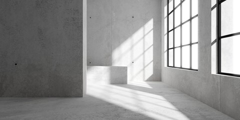 Abstract empty, modern concrete room with window on the right wall, sun light and rough floor - industrial interior background template