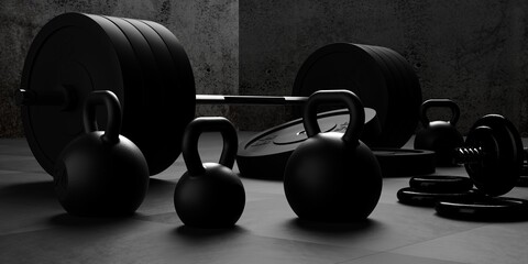 Obraz na płótnie Canvas Barbell, kettlebells and dumbbells with black plates on floor on black mats gym room background, sport, fitness, exercise or weightlift concept
