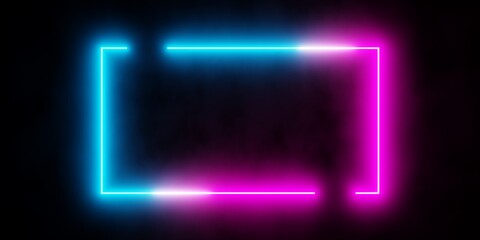 Modern futuristic abstract blue, red and pink neon glowing light open frame design in dark room background