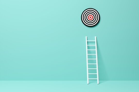 Ladder Leading To Goal Target In Blue Room Background, Achievement, Career Goal Or Success Concept