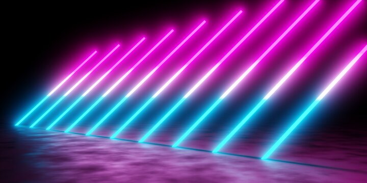 Multiple modern futuristic abstract blue, red and pink neon glowing light lines array in dark room background with reflective floor