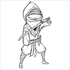Ninja Chibi Katana Sword Vector Monocrome