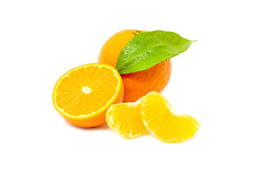 Group of whole cute and sliced mandarines with green leafs on white background
