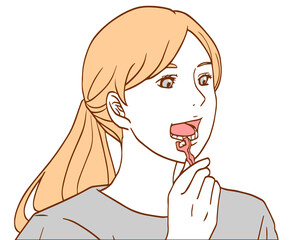 デンタルフロスを使う女性（シンプルカラーバージョン）