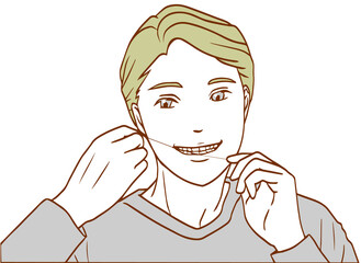 糸巻きタイプのデンタルフロスを使う男性（シンプルカラーバージョン）
