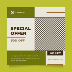 Clean and minimalist green social media post and banner template. Simple, stylish and minimal design for fashion sale advertising. Modern special offer banner