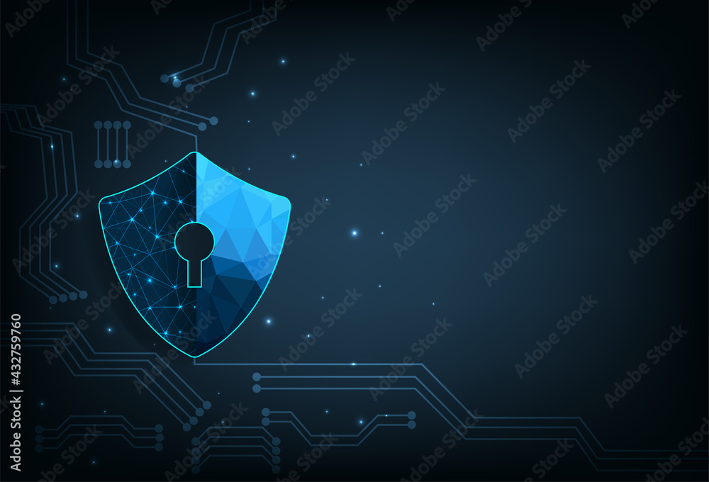Aufkleber Cyber security shield design.Security shield icon digital display over on dark blue background.Technology for online data access defense against hacker and virus.Internet security concept. 