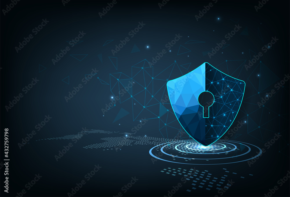Aufkleber Security shield.Security shield icon digital display over on dark blue background.Technology for online data access defense against hacker and virus.Internet security concept. 