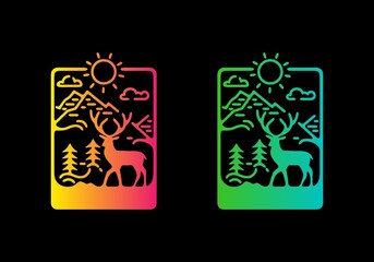 Colorful gradient color of deer in nature line art illustration