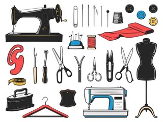 Sewing tool vector icons with tailor, dressmaker and fashion designer equipment. Needle, sewing machine, scissors and thread, pin, zipper, thimble, tape measure, button and mannequin isolated objects
