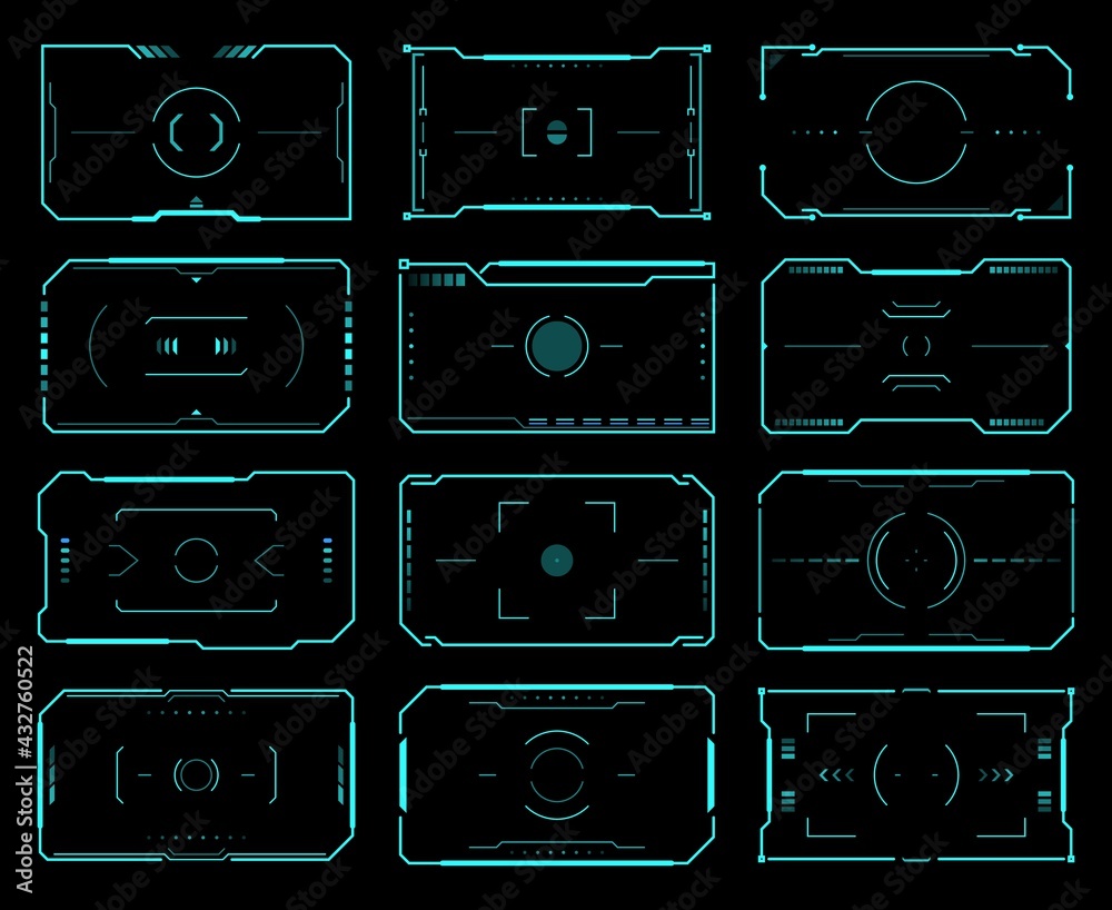 Poster hud target frames, aim control, ski fi ui interface. vector futuristic military optical aiming, spac
