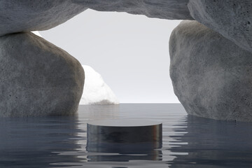 Marmorpodium, kosmetischer Ausstellungsstand mit Wasserreflexion und Natur verlässt Hintergrund. 3D-Rendering © nawapon