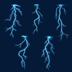 Obraz premium Lightning thunder bolt, thunderstorm electric flash effect on vector background. Thunderbolt light and storm sparks, realistic energy lighting in blue sky, voltage power charge and electricity strike