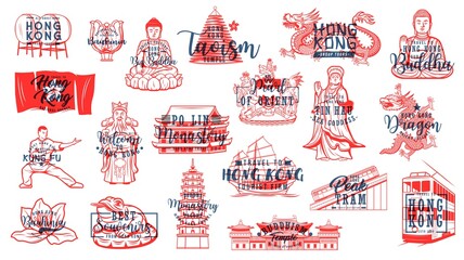 Hong Kong Buddhism symbols, travel landmarks vector icons. Chinese drums, Bauhinia flower and Buddha monument, Hong Kong flag and coat of arms, tram, junk ship and money toad, Tin Hau sea goddess - obrazy, fototapety, plakaty