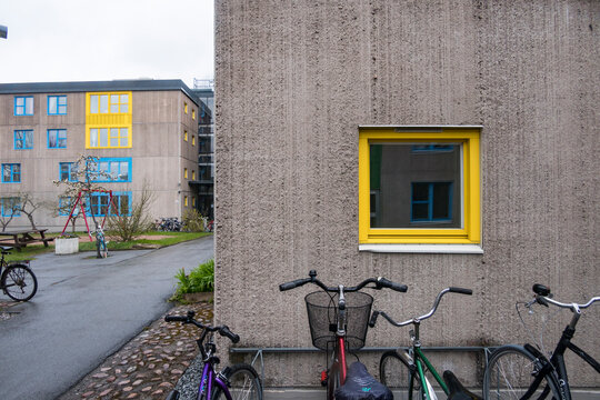 Stockholm, Sweden The Kungshamra student housing  neighbourhood in the Solna suburb made of concrete boxes with colorful blue and yellow window frames.