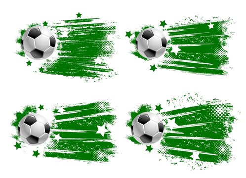 Football or soccer ball with grunge strokes and stars isolated vector sports accessory on white background. Equipment for playing game, championship or tournament competition. Realistic 3d labels set