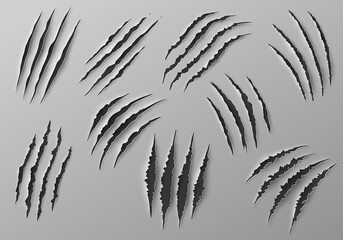 Claw marks, scratches and torn traces of vector animal paw slashes. Monster claw marks of wild tiger, lion, cat or bear attacks, dinosaur or werewolf aggressive traces, Halloween or horror themes - obrazy, fototapety, plakaty