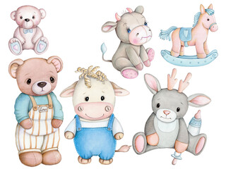Set of cute baby soft toys, teddy bear, bull, deer, horse. Watercolor illustrations.