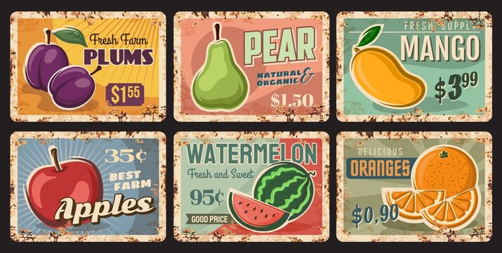 Fruits rusty metal plates, vector vintage rust tin signs with ripe garden pear, plums, mango and apples with watermelon and oranges. Farm orchard market production promo cards, retro posters for store