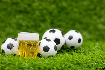 Football party with ball and beer on green grass