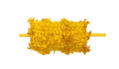 Piece of eaten sweet corn on bamboo stick isolated on a white background