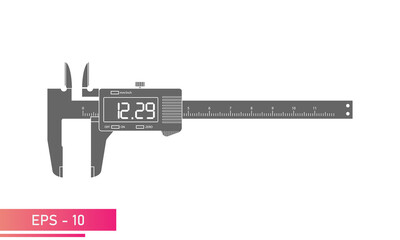 Digital vernier caliper with display and numeric scale in a single-color version. Tools for technical specialists. Flat vector illustration.