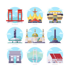 Famous Indonesia Landmarks Flat Illustration