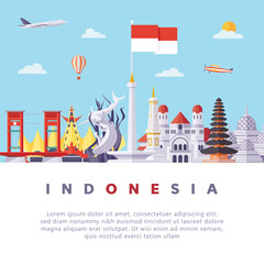 Famous Indonesia Landmarks Flat Illustration
