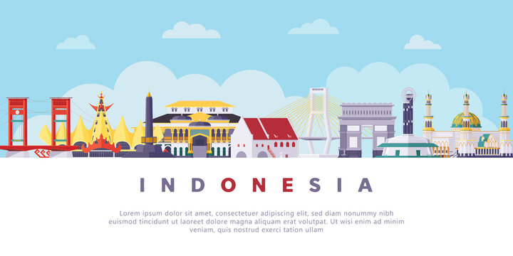Famous Indonesia Landmarks Flat Illustration