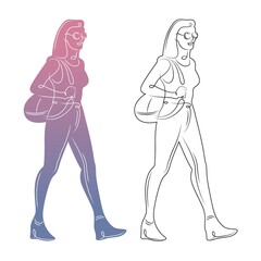 Woman girl walks with a backpack on her back. Continuous single line hand drawn contour flat design portrait minimal illustration.
