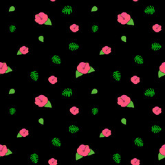 夏の夜 南国の葉っぱと濃いピンクのハイビスカス シームレスパターン 黒背景
