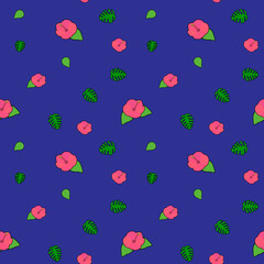 夏の夜 南国の葉っぱと濃いピンクのハイビスカス シームレスパターン 黒背景