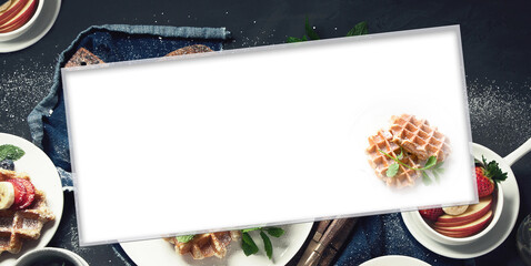 Collage of traditional belgian waffles with fresh berries