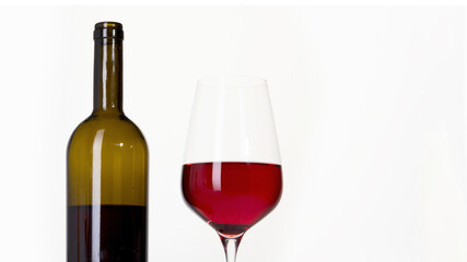 Young woman holding glass of rose wine on white background. Hand with black polish.