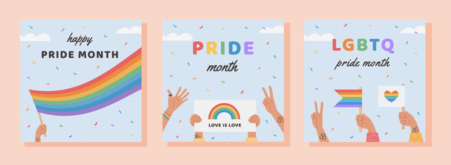 Vector Square Banner Template Set with LGBTQ symbols. Social media post, stories with people hand holding flags and placards. Poster with LGBT rainbow flag. Flat style Illustration for pride month.