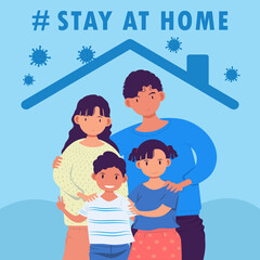 Fototapeta premium COVID-19 CORONAVIRUS I Stay at Home to Fight Coronavirus, To Prevent Infection and Spreading Virus, Family at Home, Father, Mother, Son, Daughter. Hug, Heartwarming Character Design Vector Graphics