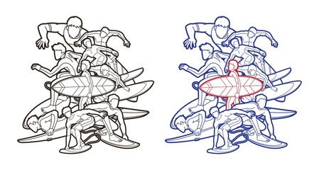 Group of Surfing Sport Men Players Action Cartoon Graphic Vector
