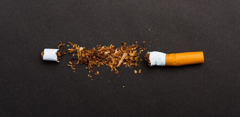 31 May of World No Tobacco Day, no smoking, close up of broken pile cigarette or tobacco STOP...