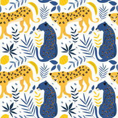 Fototapeta na wymiar cute seamless pattern with hand drawn leopards, bananas. lemons and palm leaves. summer tropical background in flat style. wild animal print. pattern for printing on fabric, clothing, wrapping paper