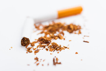 31 May of World No Tobacco Day, no smoking, close up of broken pile cigarette or tobacco STOP symbolic on white background with copy space, and Warning lung health concept