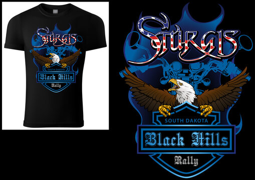 T-shirt Design Sturgis with Bald Eagle and Blue Coat of Arm and Blue Motorcycle Drawing - Colored Illustration Isolated on Black Background, Vector