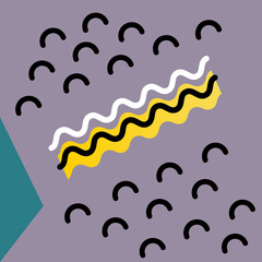 Square background with geometric shapes in Memphis style for your design project. Multi-colored and contoured simple shapes: semicircle, wavy lines. Vector illustration, EPS10