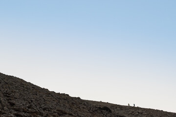 Silhouette of two tourists with trekking poles climbing mountain at sunrise