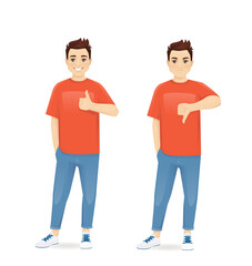 Young man in casual clothes gesturing thumb up and thumb down isolated vector illustration