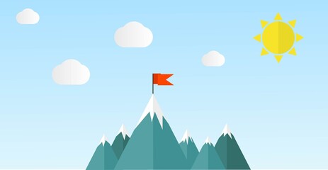 Flat Mountains with a Flag on Top. Leadership and motivation concept vector illustration.