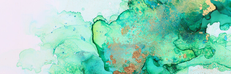 art photography of abstract fluid painting with alcohol ink, green and gold colors