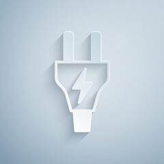 Paper cut Electric plug icon isolated on grey background. Concept of connection and disconnection of the electricity. Paper art style. Vector