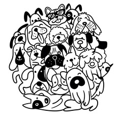 doodle dogs line art background  Funny dogs circle shape pattern for coloring book. Vector illustration