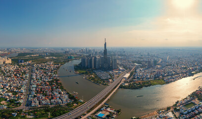 Fototapeta na wymiar Drone view photo of Ho Chi Minh city skyline in morning